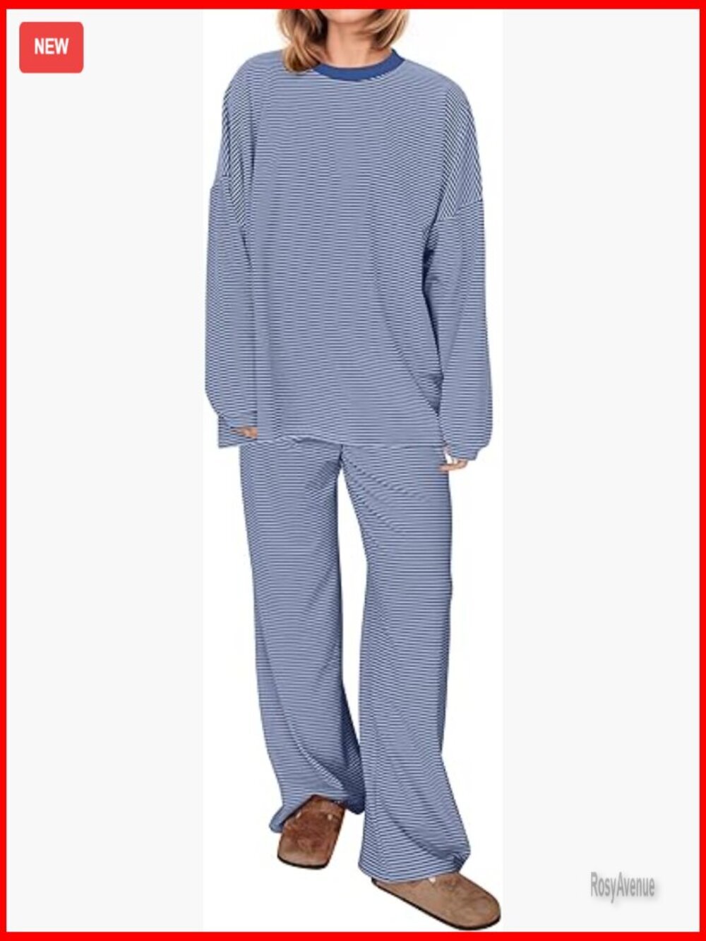Women's 2 Piece Striped Lounge Set Long Sleeve Oversized Tee Wide Leg Pajama Set